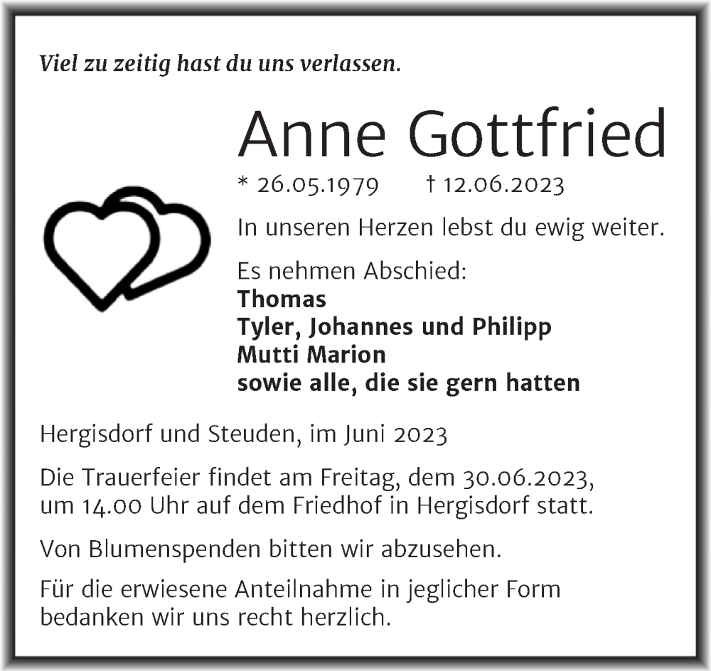  Traueranzeige für Anne Gottfried vom 17.06.2023 aus Trauerkombi Mansfelder Land