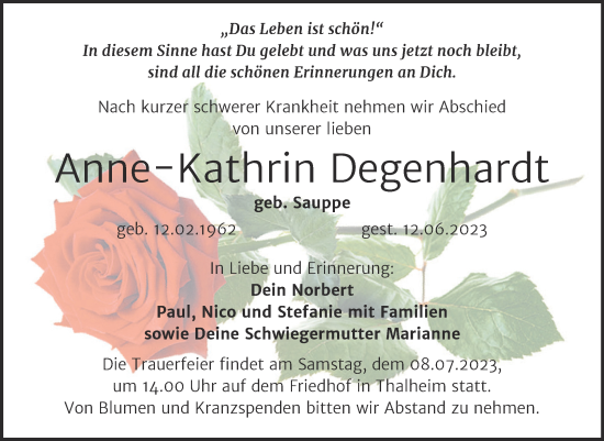 Traueranzeige von Anne-Kathrin Degenhardt von Trauerkombi Bitterfeld