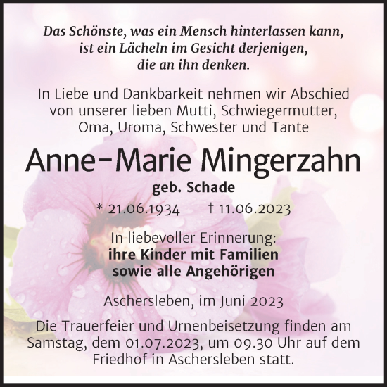 Traueranzeige von Anne-Marie Mingerzahn von Trauerkombi Aschersleben
