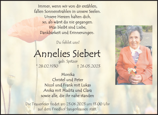 Traueranzeige von Annelies Siebert von Trauerkombi Sangerhausen