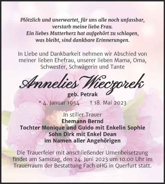 Traueranzeige von Annelies Wieczorek von Trauerkombi Merseburg