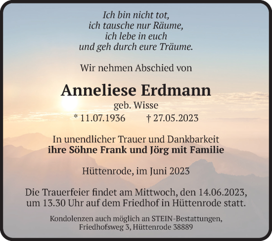 Traueranzeige von Anneliese Erdmann von Volksstimme Wernigerode