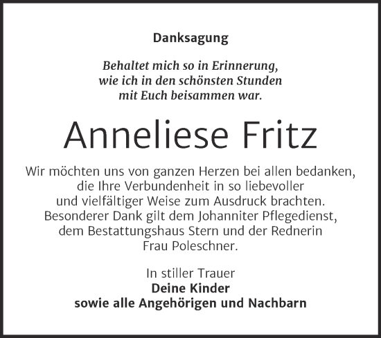 Traueranzeige von Anneliese Fritz von Trauerkombi Wittenberg