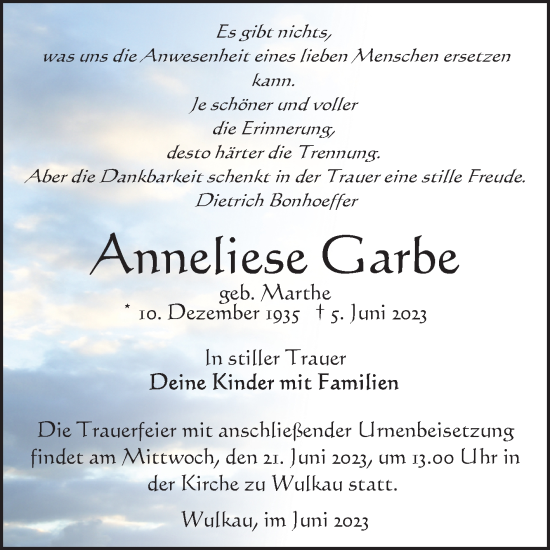 Traueranzeige von Anneliese Garbe von Volksstimme Altmark Ost