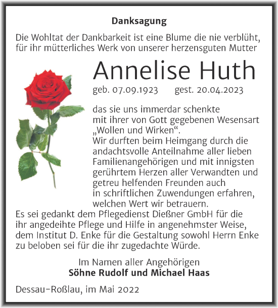 Traueranzeige von Annelise Huth von Trauerkombi Dessau