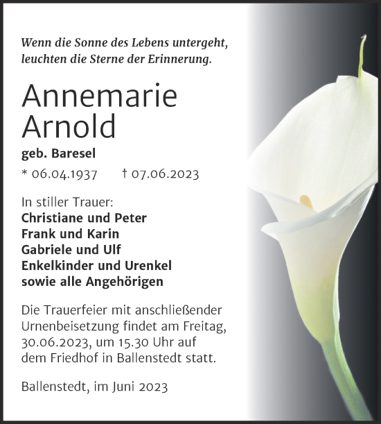 Traueranzeige von Annemarie Arnold von Trauerkombi Quedlinburg