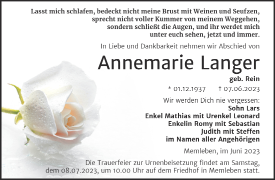 Traueranzeige von Annemarie Langer von Wochenspiegel Naumburg/Nebra