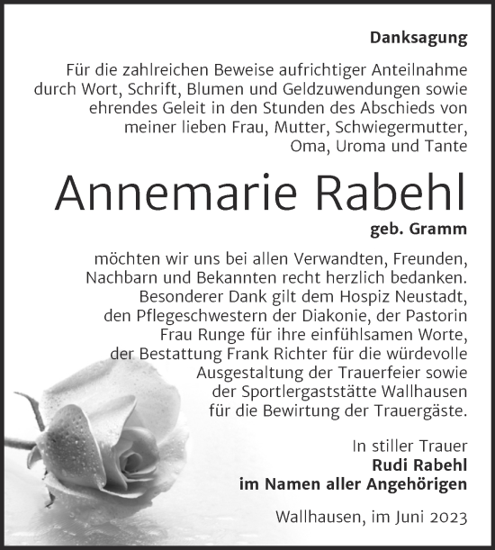 Traueranzeige von Annemarie Rabehl von Trauerkombi Sangerhausen