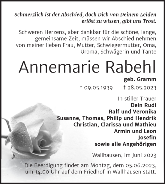 Traueranzeige von Annemarie Rabehl von Mitteldeutsche Zeitung Sangerhausen