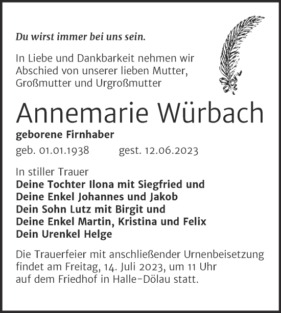 Traueranzeige von Annemarie Würbach von Mitteldeutsche Zeitung Halle/Saalkreis