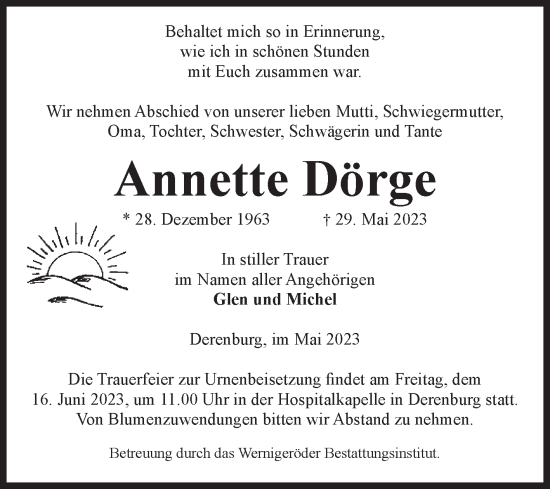 Traueranzeige von Annette Dörge von Volksstimme Wernigerode