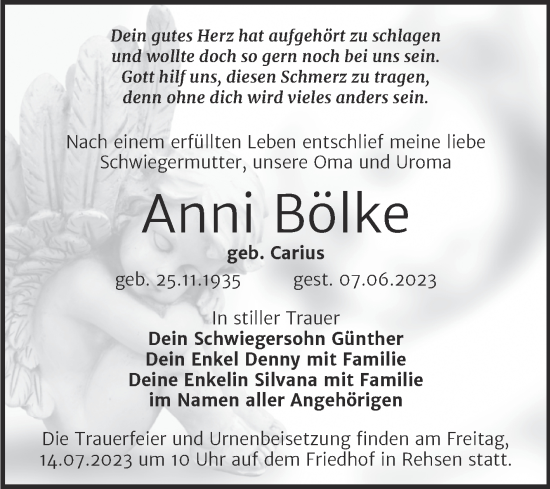 Traueranzeige von Anni Bölke von Trauerkombi Wittenberg