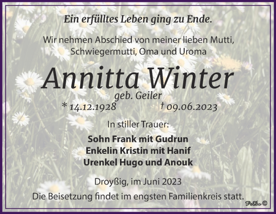 Traueranzeige von Annitta Winter von Trauerkombi Zeitz