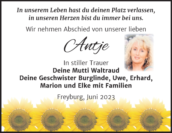 Traueranzeige von Antje  von Wochenspiegel Naumburg/Nebra