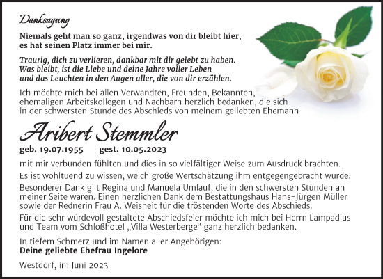 Traueranzeige von Aribert Stemmler von Trauerkombi Aschersleben