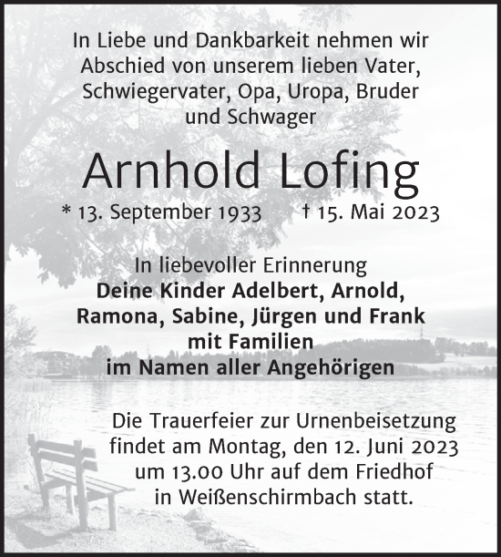Traueranzeige von Arnhold Lofing von Trauerkombi Merseburg