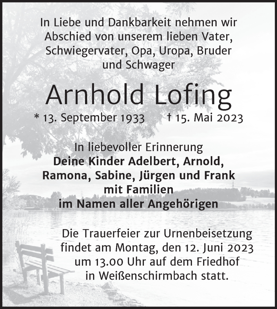  Traueranzeige für Arnhold Lofing vom 03.06.2023 aus Trauerkombi Merseburg