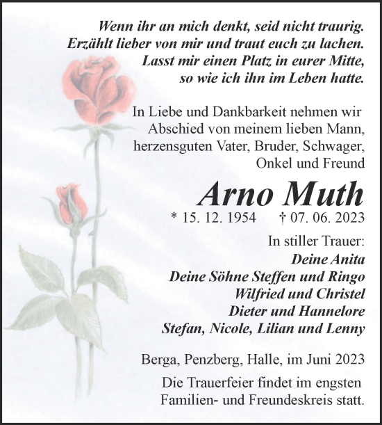 Traueranzeige von Arno Muth von Trauerkombi Sangerhausen