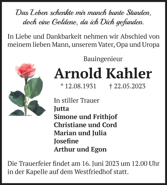 Traueranzeige von Arnold Kahler von Volksstimme Magdeburg