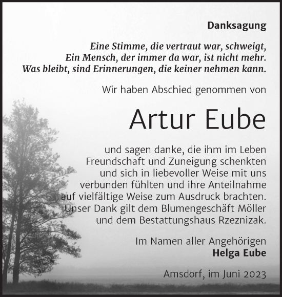 Traueranzeige von Artur Eube von Trauerkombi Mansfelder Land