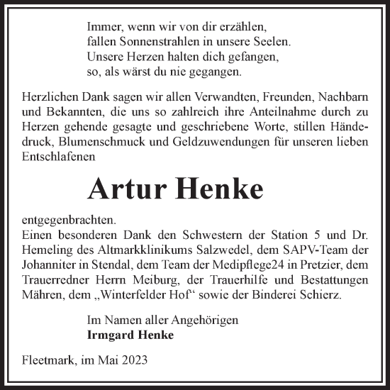 Traueranzeige von Artur Henke von Volksstimme Altmark West