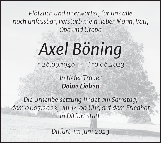 Traueranzeige von Axel Böning von Trauerkombi Quedlinburg