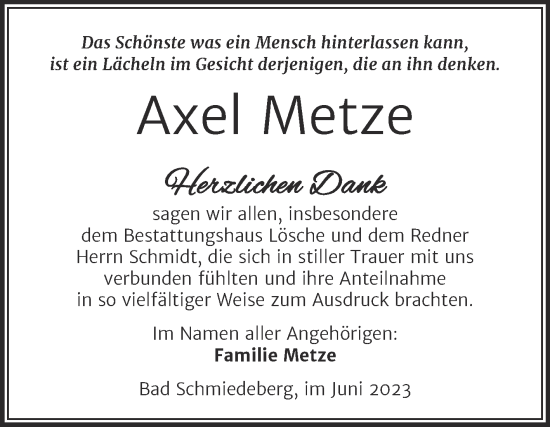 Traueranzeige von Axel Metze von Trauerkombi Wittenberg