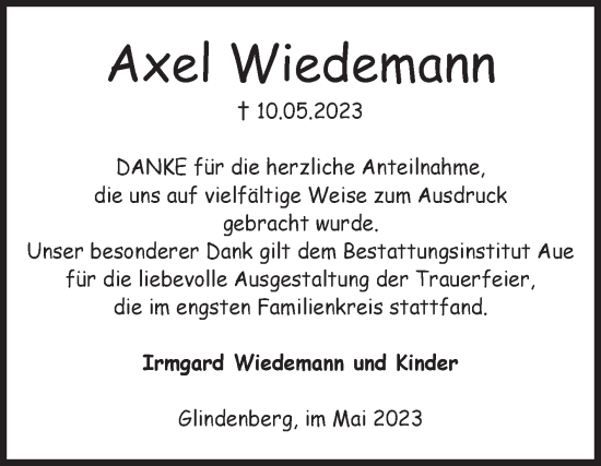 Traueranzeige von Axel Wiedemann von Volksstimme Haldensleben/Wolmirstedt