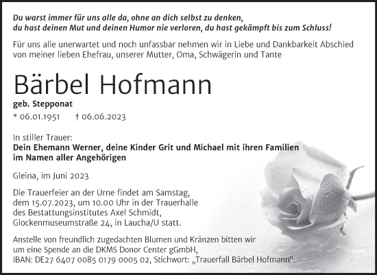 Traueranzeige von Bärbel Hofmann von Super Sonntag Naumburg/Nebra