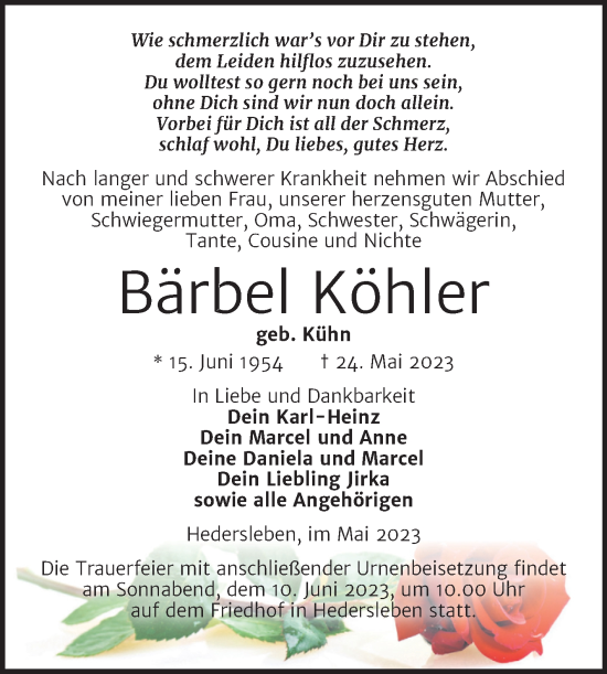 Traueranzeige von Bärbel Köhler von Trauerkombi Quedlinburg
