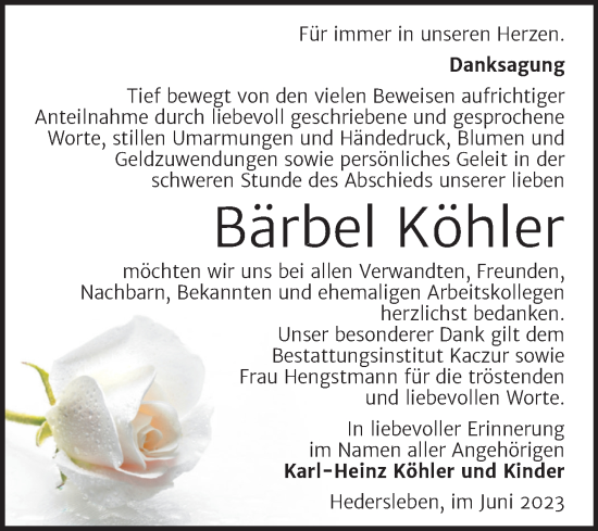 Traueranzeige von Bärbel Köhler von Trauerkombi Quedlinburg