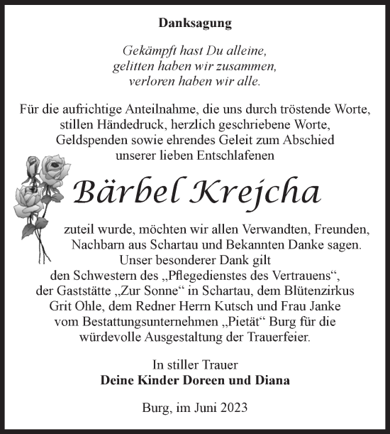 Traueranzeige von Bärbel Krejcha von Volksstimme Burg/Genthin