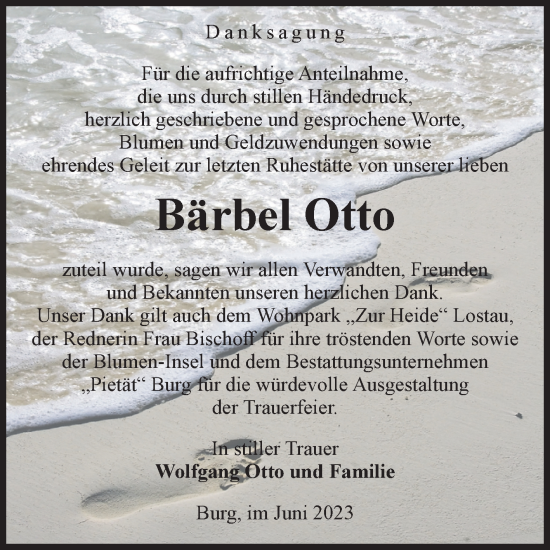Traueranzeige von Bärbel Otto von Volksstimme Burg/Genthin
