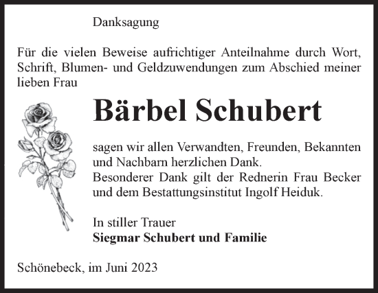 Traueranzeige von Bärbel Schubert von Volksstimme Schönebeck
