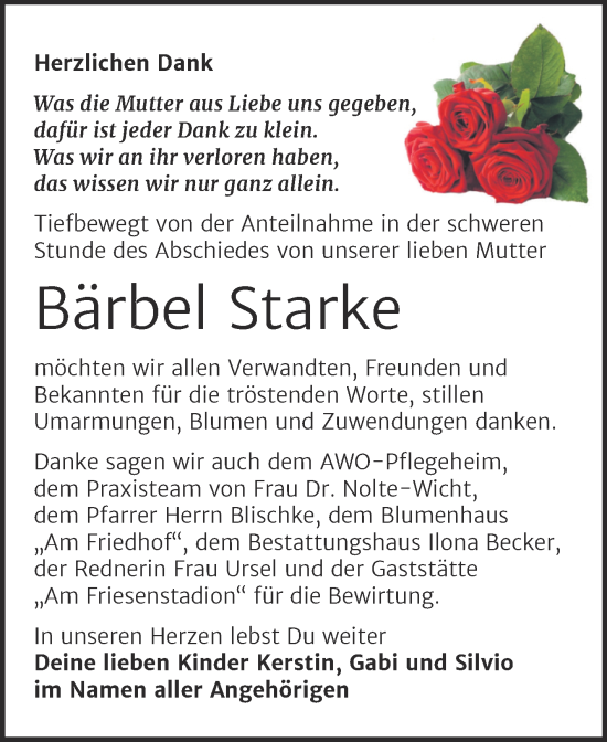 Traueranzeige von Bärbel Starke von Trauerkombi Sangerhausen