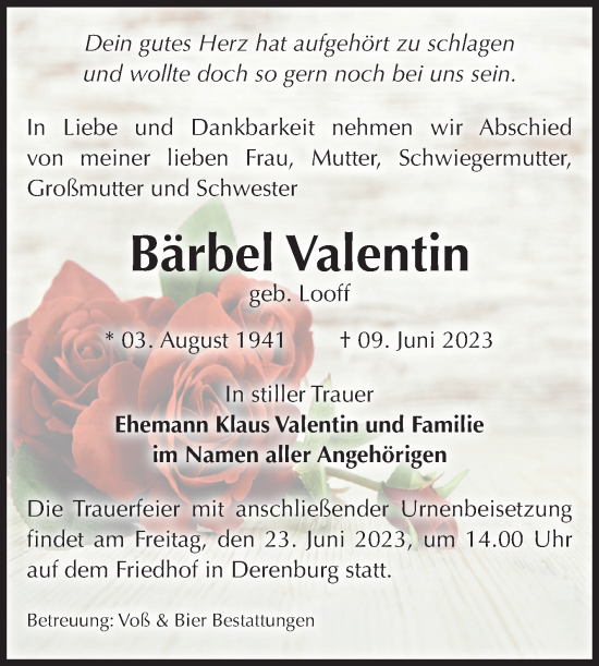 Traueranzeige von Bärbel Valentin von Volksstimme Wernigerode