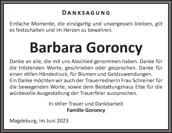 Traueranzeige von Barbara Goroncy von Volksstimme Oschersleben/Wanzleben