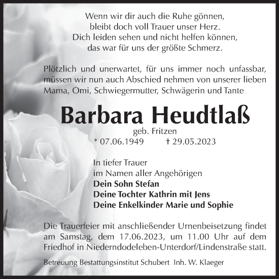 Traueranzeige von Barbara Heudtlaß von Volksstimme Magdeburg