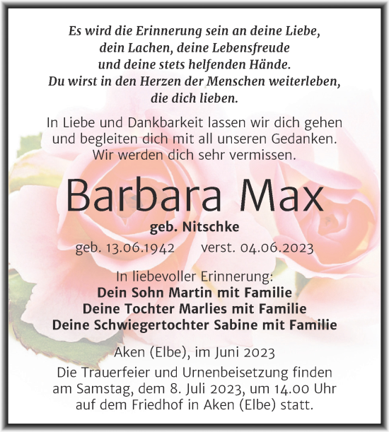 Traueranzeige von Barbara Max von Trauerkombi Köthen