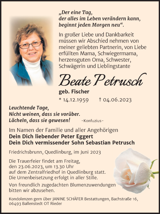 Traueranzeige von Beate Petrusch von Trauerkombi Quedlinburg