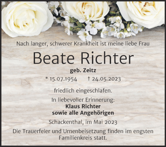 Traueranzeige von Beate Richter von Trauerkombi Aschersleben