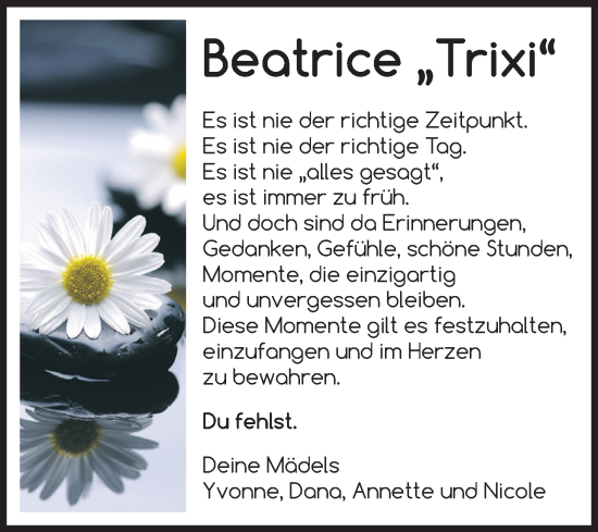 Traueranzeige von Beatrice  von Volksstimme Haldensleben/Wolmirstedt