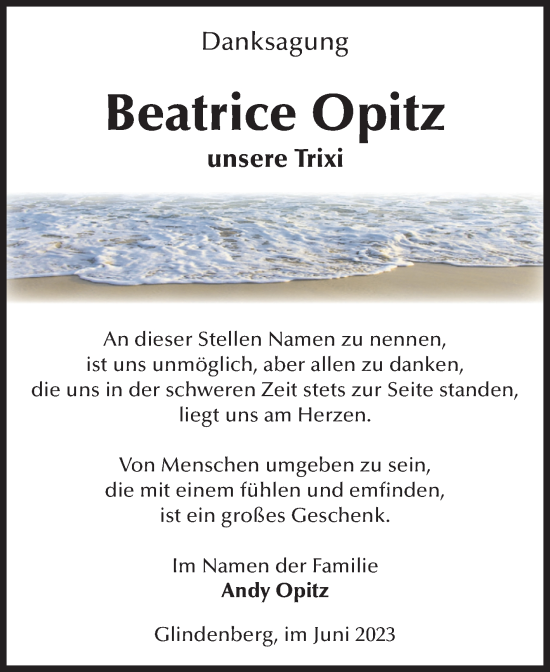 Traueranzeige von Beatrice Opitz von Volksstimme Haldensleben/Wolmirstedt