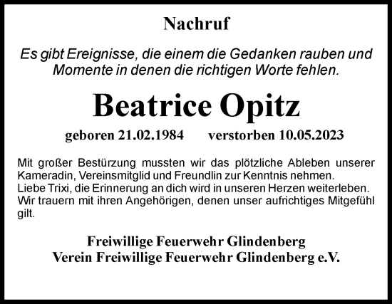 Traueranzeige von Beatrice Opitz von Volksstimme Haldensleben/Wolmirstedt