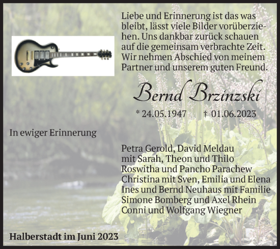 Traueranzeige von Bernd Brzinzski von Volksstimme Halberstadt