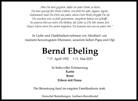 Traueranzeige von Bernd Ebeling von Volksstimme Magdeburg
