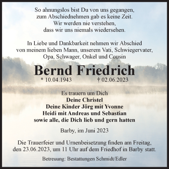 Traueranzeige von Bernd Friedrich von Volksstimme Schönebeck