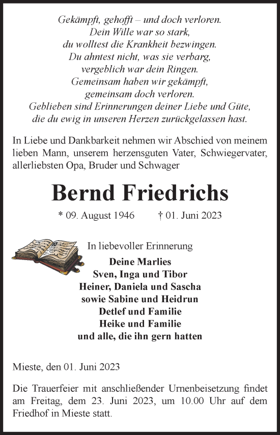 Traueranzeige von Bernd Friedrichs von Volksstimme Altmark West