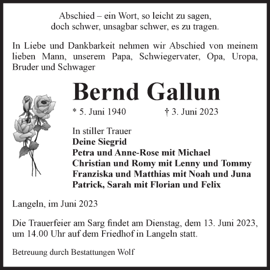 Traueranzeige von Bernd Gallun von Volksstimme Wernigerode
