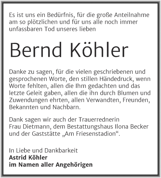 Traueranzeige von Bernd Köhler von Trauerkombi Sangerhausen
